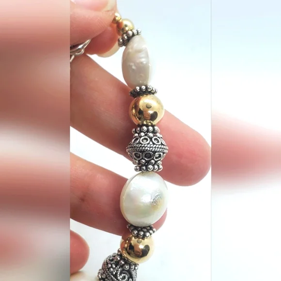Bracelet 8"inch Elegant Sterling Silver Pearl and Gold Beaded - Picture 4 of 5
